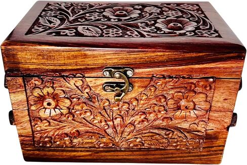Holiday Gifts, Handcrafted Jewelry Tabletop Box for Earrings, Rings, Necklaces Keepsake Jewelry Box Trinket Holder Hand Crafted Floral Carvings 8"x5"x5" (Large 3 Compartment) in Saudi Arabia