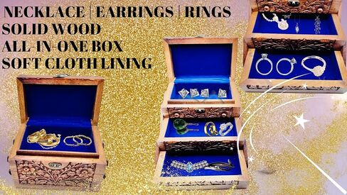 Holiday Gifts, Handcrafted Jewelry Tabletop Box for Earrings, Rings, Necklaces Keepsake Jewelry Box Trinket Holder Hand Crafted Floral Carvings 8"x5"x5" (Large 3 Compartment) in Saudi Arabia