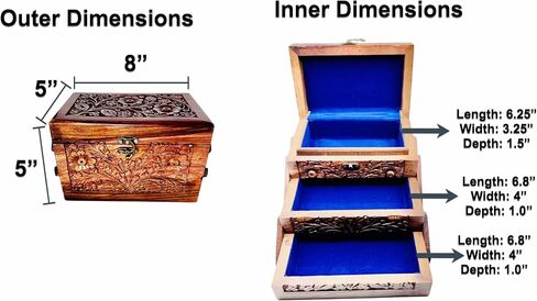 Holiday Gifts, Handcrafted Jewelry Tabletop Box for Earrings, Rings, Necklaces Keepsake Jewelry Box Trinket Holder Hand Crafted Floral Carvings 8"x5"x5" (Large 3 Compartment) in Saudi Arabia