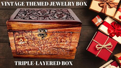 Holiday Gifts, Handcrafted Jewelry Tabletop Box for Earrings, Rings, Necklaces Keepsake Jewelry Box Trinket Holder Hand Crafted Floral Carvings 8"x5"x5" (Large 3 Compartment) in Saudi Arabia