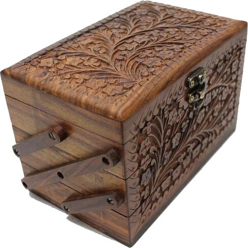Holiday Gifts, Handcrafted Jewelry Tabletop Box for Earrings, Rings, Necklaces Keepsake Jewelry Box Trinket Holder Hand Crafted Floral Carvings 8"x5"x5" (Large 3 Compartment) in Saudi Arabia