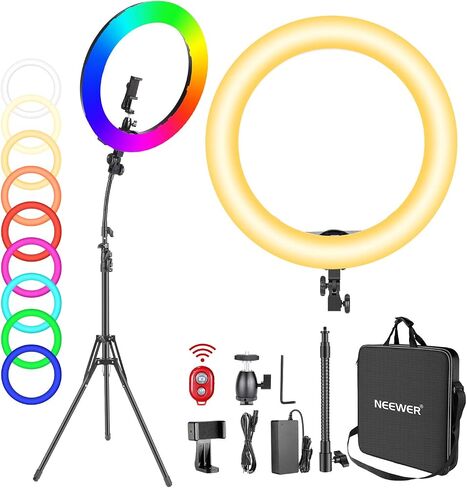 Neewer 18 "RGB Ring Light مع حامل، 42W Dimmable LED Ring Light مع حامل هاتف/ثنائي اللون 3200K–5600K/95+ CRI/0–360° كامل اللون/9 تأثيرات مشهد لمكالمات تكبير مكياج السيلفي على YouTube تصوير الفيديو in Saudi Arabia