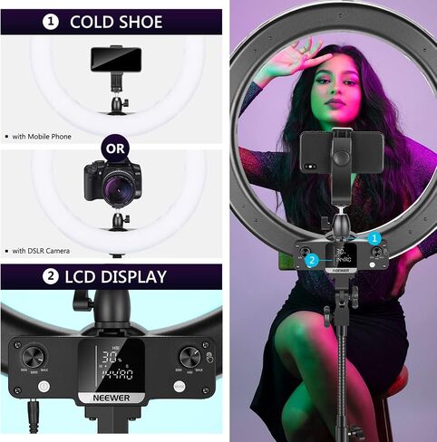 Neewer 18 "RGB Ring Light مع حامل، 42W Dimmable LED Ring Light مع حامل هاتف/ثنائي اللون 3200K–5600K/95+ CRI/0–360° كامل اللون/9 تأثيرات مشهد لمكالمات تكبير مكياج السيلفي على YouTube تصوير الفيديو in Saudi Arabia
