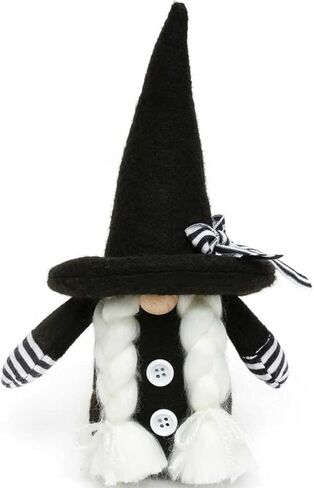 MeraVic Witchy Woman GNOME أسود/أبيض مع الأنف الخشبية، ضفائر بيضاء، أرمز، أزرار وقوس مخطط 3.5 بوصة × 2.5 بوصة × 7.5 بوصة in Kuwait