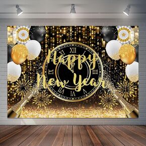 6x3.6ft Happy New Year Backdrop Black Gold Glitter Balloons Hello 2024 Photography Background Cheers to The New Year Eve Holiday Party Decorations Photo Booth Props