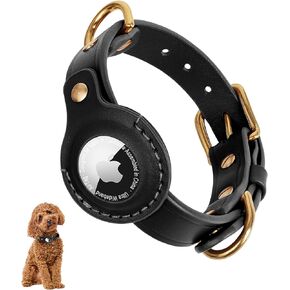 AirTag Dog Collar - 100% Genuine Leather Dog Collar with Apple AirTag Holder, Suitable for Large Dogs, Black, L, Adjustable Size 16.9-22.4 Inch