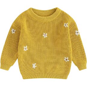 Toddler Baby Girl Knit Sweater Round Neck Long Sleeve Floral Embroidery Warm Pullover Tops Infant Fall Winter Clothes in Kuwait