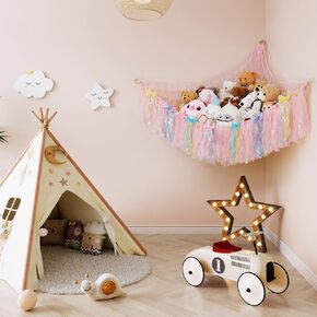 stuffed animal net or hammock jumbo with LED Light-Macrame corner net for stuffed animals for wall Room Corner Organizer Mesh Decoration-Hanging Storage Nets Kids Fairy tale colors pink in Saudi Arabia