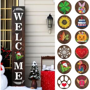 Wind Resistant Long Welcome Sign for Front Door Porch Standing, Interchangeable Wood Door Signs Welcome Door Decors for Home Outdoors, with 12 Seasonal Hangers Welcoming every Seasons