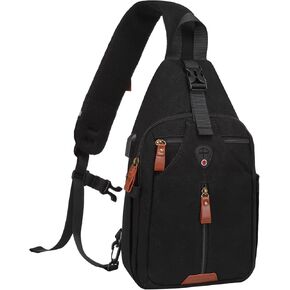 MOSISO Sling Backpack Travel Hiking Daypack, Vintage Canvas Crossbody Sling Bag with USB Charging Port & Removable Strap One Shoulder Chest Bag, Black in Saudi Arabia