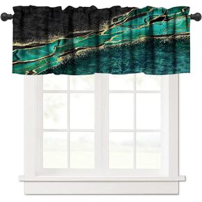 Abstract Marble Valance Curtains, Green Malachite and Golden Veins Living Room Dining Room Japanese Style Decor Window Drapes 54x18in