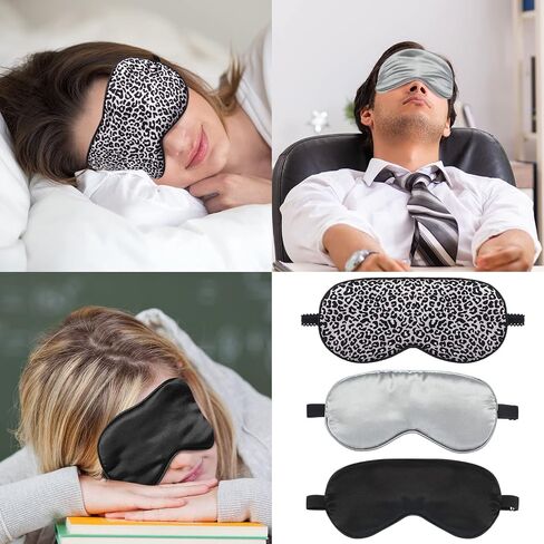 3 Pcs Silk Sleep Mask Eye Cover Night Blindfold Adjustable Strap Satin Eye Mask for Sleeping Black Grey Pink Leopard Print Sleep Masks for Women Soft Imitation Silk Eye Shade Cover Mask in Saudi Arabia