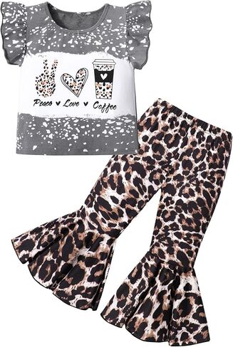 ملابس Tomolant للأطفال الصغار بأكمام قصيرة مكشكشة + سروال جرس سفلي قطعتين ملابس صيفية للفتيات الصغيرات in Kuwait