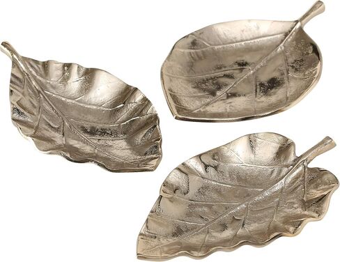 3 Piece Metal Leaf Dish Set, Vanity Counter Top Display, Decorative, Cast Golden Champagne Aluminum, Intricate Ripple and Stem Details, Each 10.75 L x 7.75 W in in Saudi Arabia