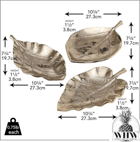 3 Piece Metal Leaf Dish Set, Vanity Counter Top Display, Decorative, Cast Golden Champagne Aluminum, Intricate Ripple and Stem Details, Each 10.75 L x 7.75 W in in Saudi Arabia