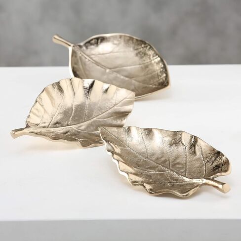 3 Piece Metal Leaf Dish Set, Vanity Counter Top Display, Decorative, Cast Golden Champagne Aluminum, Intricate Ripple and Stem Details, Each 10.75 L x 7.75 W in in Saudi Arabia