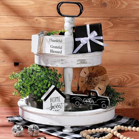 5 Pcs Farmhouse Decor for Tiered Tray, Mini Book Stack with Faux Leaves and Black White Buffalo Plaid Twine String, Truck and Farmhouse Wooden Sign, for Kitchen Table Decoration, Housewarming Gift in Saudi Arabia