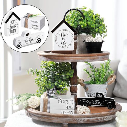 5 Pcs Farmhouse Decor for Tiered Tray, Mini Book Stack with Faux Leaves and Black White Buffalo Plaid Twine String, Truck and Farmhouse Wooden Sign, for Kitchen Table Decoration, Housewarming Gift in Saudi Arabia