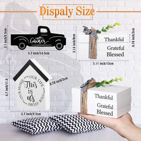 5 Pcs Farmhouse Decor for Tiered Tray, Mini Book Stack with Faux Leaves and Black White Buffalo Plaid Twine String, Truck and Farmhouse Wooden Sign, for Kitchen Table Decoration, Housewarming Gift in Saudi Arabia