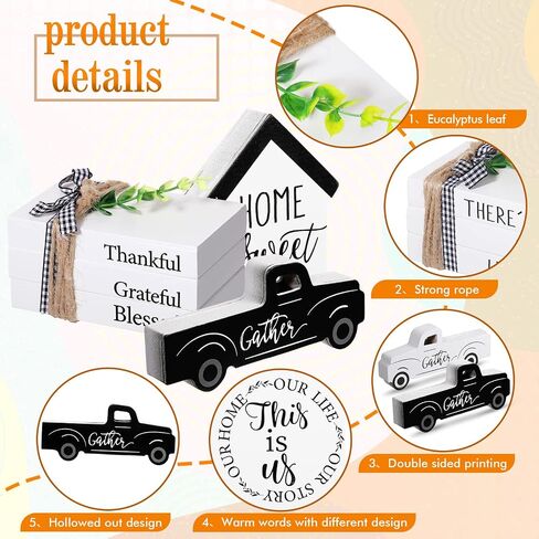 5 Pcs Farmhouse Decor for Tiered Tray, Mini Book Stack with Faux Leaves and Black White Buffalo Plaid Twine String, Truck and Farmhouse Wooden Sign, for Kitchen Table Decoration, Housewarming Gift in Saudi Arabia