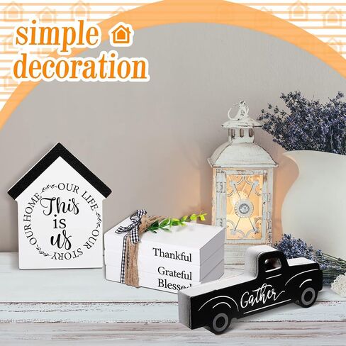 5 Pcs Farmhouse Decor for Tiered Tray, Mini Book Stack with Faux Leaves and Black White Buffalo Plaid Twine String, Truck and Farmhouse Wooden Sign, for Kitchen Table Decoration, Housewarming Gift in Saudi Arabia