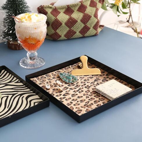 Iron Tray,ISEMRO Black Square Decorative Tray Leopard Coffee Table Tray Decor,Decorative Serving Tray for Coffee Table Living Room Table Farmhouse Kitchen Counter in Kuwait