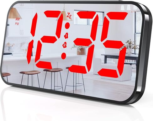 Powalack Digital Wall Clock, 9.6’’ Large LED Mirror Display, Dual Alarm Clock for Bedroom with Adjustable Brightness, Nightlight, Easy to Use, Snooze, 12/24H, Clock for Elderly, Bedroom Accessories in Kuwait