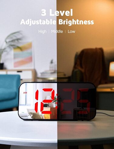 Powalack Digital Wall Clock, 9.6’’ Large LED Mirror Display, Dual Alarm Clock for Bedroom with Adjustable Brightness, Nightlight, Easy to Use, Snooze, 12/24H, Clock for Elderly, Bedroom Accessories in Kuwait