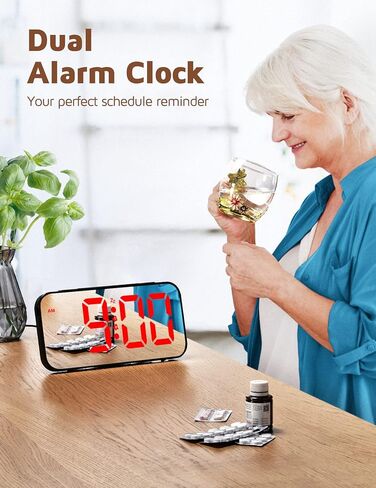 Powalack Digital Wall Clock, 9.6’’ Large LED Mirror Display, Dual Alarm Clock for Bedroom with Adjustable Brightness, Nightlight, Easy to Use, Snooze, 12/24H, Clock for Elderly, Bedroom Accessories in Kuwait