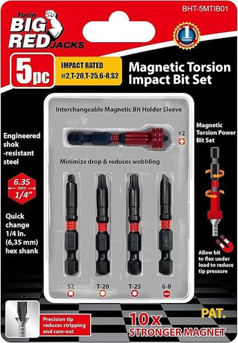 BIG RED BHT-5MTIB01R-1 Torin Magnetic Torsion Impact Bit Set, 1/4" Hex Shank Screwdriver Bits, 5-Piece in Saudi Arabia