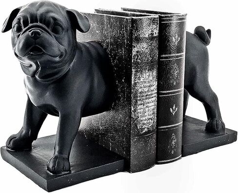 Bellaa Boston Pug Bookends, Decorative Book Ends for Bookshelves, Rustic Vintage Antique Black Animal Home Decor, Shelf Decor, Unique, Modern Living Room, Office Desk, Bookcases Decoration, 8 inch in Saudi Arabia