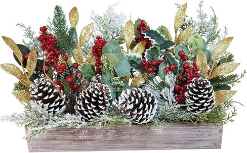 Winlyn Bulk Christmas Centerpiece DIY Winter Arrangement Artificial Snowy Christmas Floral Picks Assorted Red Berry Cedar Pine Cone Picks in Rectangle Wooden Box Rustic Farmhouse Holiday Table Décor in Saudi Arabia
