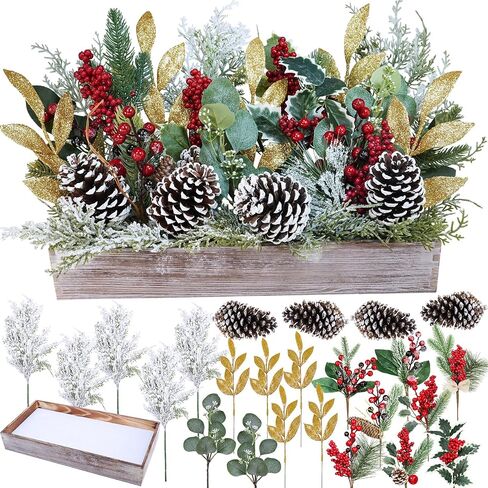 Winlyn Bulk Christmas Centerpiece DIY Winter Arrangement Artificial Snowy Christmas Floral Picks Assorted Red Berry Cedar Pine Cone Picks in Rectangle Wooden Box Rustic Farmhouse Holiday Table Décor in Saudi Arabia
