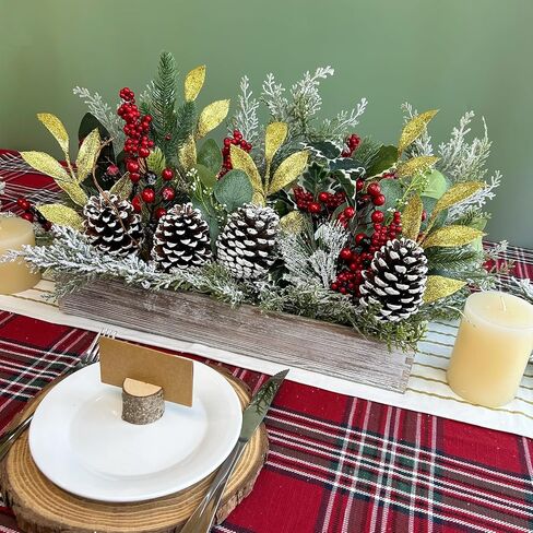 Winlyn Bulk Christmas Centerpiece DIY Winter Arrangement Artificial Snowy Christmas Floral Picks Assorted Red Berry Cedar Pine Cone Picks in Rectangle Wooden Box Rustic Farmhouse Holiday Table Décor in Saudi Arabia