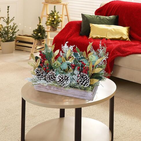 Winlyn Bulk Christmas Centerpiece DIY Winter Arrangement Artificial Snowy Christmas Floral Picks Assorted Red Berry Cedar Pine Cone Picks in Rectangle Wooden Box Rustic Farmhouse Holiday Table Décor in Saudi Arabia