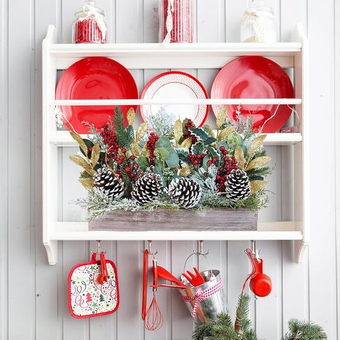 Winlyn Bulk Christmas Centerpiece DIY Winter Arrangement Artificial Snowy Christmas Floral Picks Assorted Red Berry Cedar Pine Cone Picks in Rectangle Wooden Box Rustic Farmhouse Holiday Table Décor in Saudi Arabia