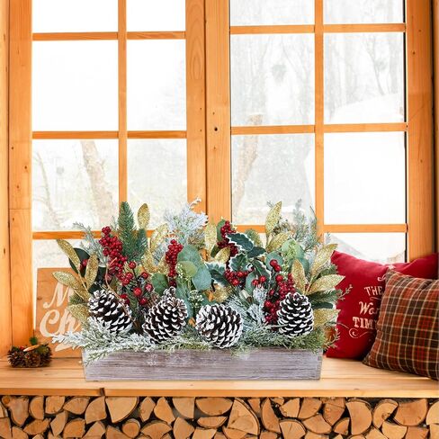 Winlyn Bulk Christmas Centerpiece DIY Winter Arrangement Artificial Snowy Christmas Floral Picks Assorted Red Berry Cedar Pine Cone Picks in Rectangle Wooden Box Rustic Farmhouse Holiday Table Décor in Saudi Arabia