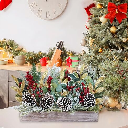 Winlyn Bulk Christmas Centerpiece DIY Winter Arrangement Artificial Snowy Christmas Floral Picks Assorted Red Berry Cedar Pine Cone Picks in Rectangle Wooden Box Rustic Farmhouse Holiday Table Décor in Saudi Arabia