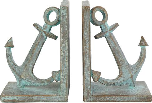 Deco 79 Polystone Anchor Distressed Patina Bookends with Gold Foil Accents, Set of 2 4" W, 8" H, Blue in Saudi Arabia