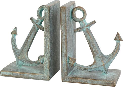 Deco 79 Polystone Anchor Distressed Patina Bookends with Gold Foil Accents, Set of 2 4" W, 8" H, Blue in Saudi Arabia