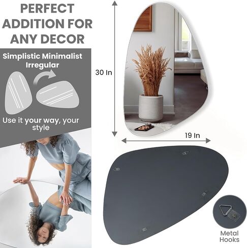 Unique & Modern Irregular Wall Mirror for Bathroom Vanity & Living Room, Asymmetrical Decorative Wall Mirror - Wall Mounted Curvy & Wavy Oval Abstract Body Mirror for Entryway 30"x19" in Saudi Arabia