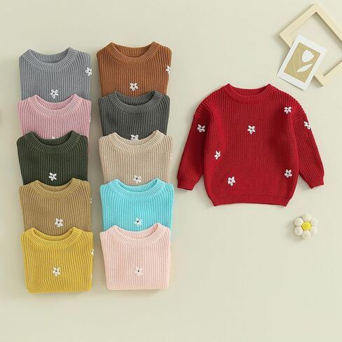 Toddler Baby Girl Knit Sweater Round Neck Long Sleeve Floral Embroidery Warm Pullover Tops Infant Fall Winter Clothes in Kuwait