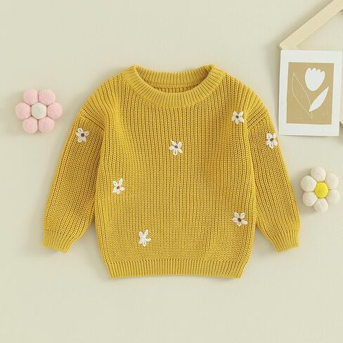 Toddler Baby Girl Knit Sweater Round Neck Long Sleeve Floral Embroidery Warm Pullover Tops Infant Fall Winter Clothes in Kuwait