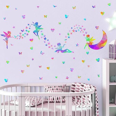 Colorful Fairy Wall Stickers Cute Heart Butterfly Moon Star Stickers Girly Wall Decals Peel and Stick Pink Purple Fairy Wall Decals for Girls Room Bedroom Nursery Decor in Saudi Arabia