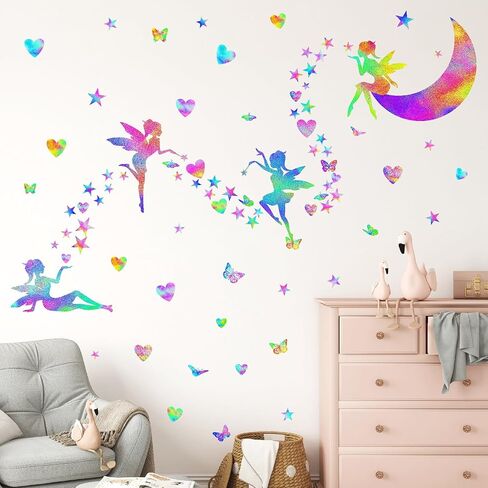 Colorful Fairy Wall Stickers Cute Heart Butterfly Moon Star Stickers Girly Wall Decals Peel and Stick Pink Purple Fairy Wall Decals for Girls Room Bedroom Nursery Decor in Saudi Arabia