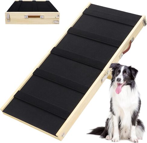 Foldable Dog Ramp - Portable Natural Solid Wood Pet Ramps for Small/Large Dogs, Non Slip Cat Dog Safety Ladder for Bed, Couch, Car in Kuwait