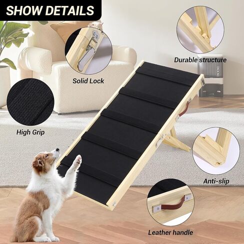 Foldable Dog Ramp - Portable Natural Solid Wood Pet Ramps for Small/Large Dogs, Non Slip Cat Dog Safety Ladder for Bed, Couch, Car in Kuwait