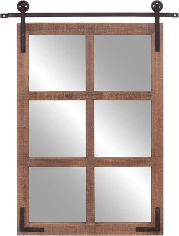 Patton Wall Decor 33x26 Sliding Barn Door Wood Window Wall Mirror, Brown in Kuwait
