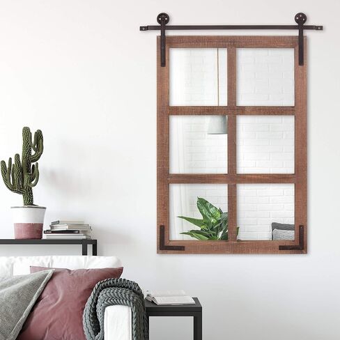 Patton Wall Decor 33x26 Sliding Barn Door Wood Window Wall Mirror, Brown in Kuwait
