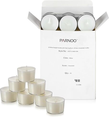 شموع الشاي الأبيض الخفيفة مع كوب شفاف - صندوق مكون من 24 قطعة - وقت حرق ممتد 10 ساعات - شمعة شاي غير معطرة وبدون دخان - مثالية لحفلات الزفاف والحفلات والفنادق والمطاعم in Kuwait